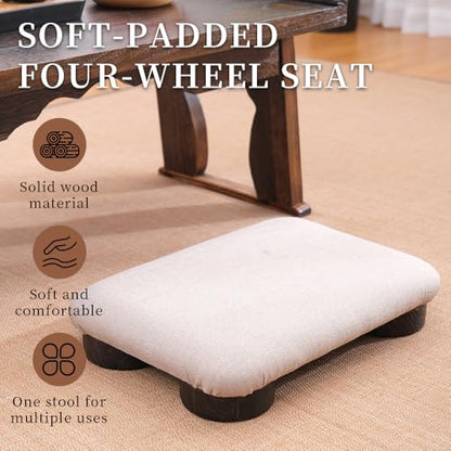 Floor Ottoman with Soft Fabric Cover - Light Beige, Dark Wooden Legs, Versatile for Meditation, Footrest, Seating - Living Room, Bedroom, Office Friendly