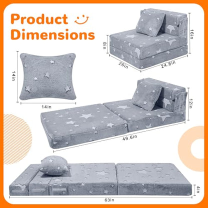 MeMoreCool Kids Tri-Fold Sofa Bed – Glow Star Floor Mattress & Foldable Futon Chair Convertible Toddler Couch | Soft Plush Lounge Mat | Playroom Furniture | Includes Pillow - color: Star