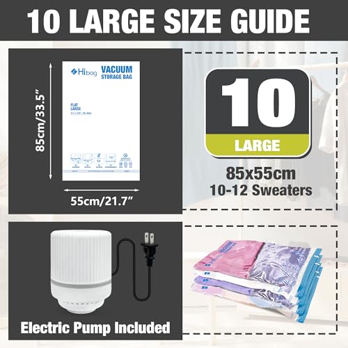 HIBAG Vacuum Storage Bags with Electric Pump, Vacuum Seal Bags for Clothing, Pillows, Blanket Bedding Comforters, 10 pack Large - size: LARGE