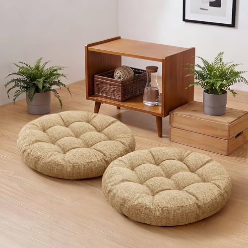 Set of 2 Light Brown Floor Cushion for Adult Tufted Round Seat Cushions for Tatami Living Room 18.8 x 18.8 Inch Meditation Floor Pillows - color: Light Brown