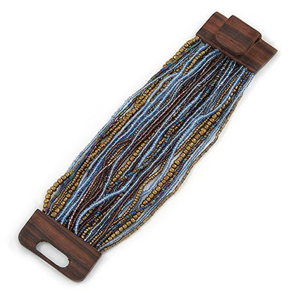 Avalaya Bronze/Light Blue/Purple/Peacock Glass Bead Multistrand Flex Bracelet With Wooden Closure - 19cm L
