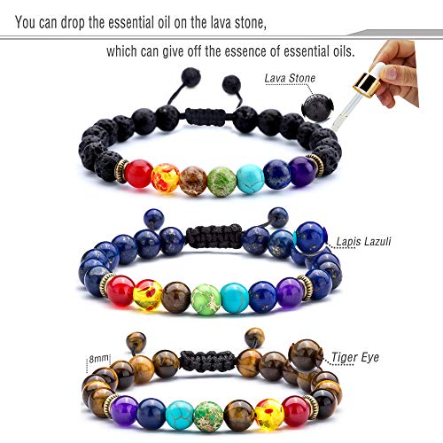 Men Women 8mm Lava Rock Beads Chakra Bracelet Braided Rope Natural Stone Yoga Bracelet Bangle - color: 3 Pcs Set 2-21004