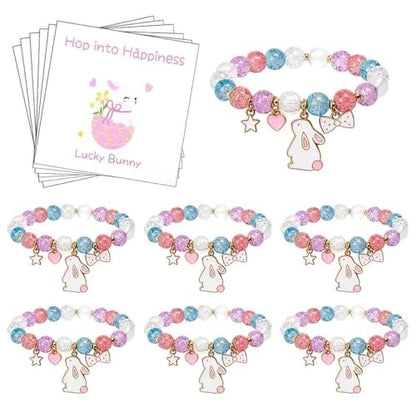 6PCS Easter Bracelets Easter Basket Stuffers Colorful Beaded Stretch Bracelet with Lucky Bunny Charm Spring Holiday Gifts for Women Party Favors Celebration Accessories