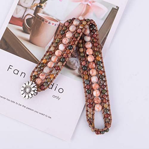 YGLINE Boho Handmade Natural Stone Bead 3 Row Wide Wrap Wrist Statment Bracelet Jewelry Collection - color: jasper