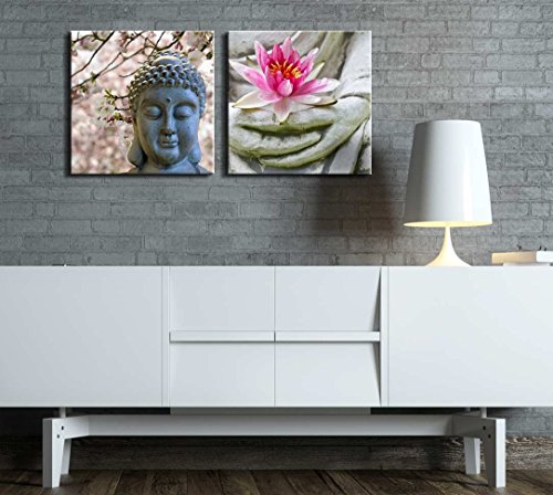 wall26 Two Piece Canvas - Buddha Statue with Cherry Blossoms and a Lotus on 2 Panels - Canvas Art Home Art - 12x12 inches - color: Buddha Statue, size: 12" x 12" x 2 panels