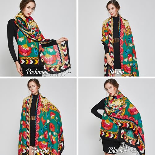 100% Merino Wool Pashmina Shawl for Women 96"x43", Oversized Cashmere Wrap with Tassels, Floral Travel Blanket Cape