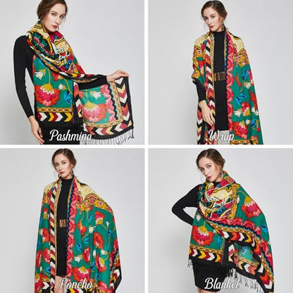 100% Merino Wool Pashmina Shawl for Women 96"x43", Oversized Cashmere Wrap with Tassels, Floral Travel Blanket Cape