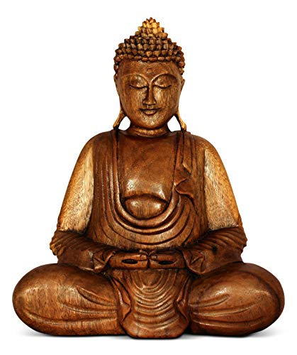 Wooden Serene Sitting Buddha Statue - Handmade Meditating Sculpture - Hand Carved Dhyana Mudra Figurine - Zen Home Decor Accent, Oriental Spiritual Home Room Decoration Gift (12" Tall) - size: 12" Tall