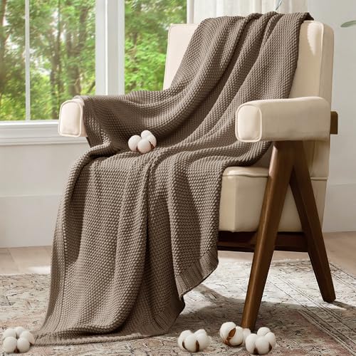 100% Cotton Cable Knit Throw Blanket, Lightweight Soft Knit Blanket for Sofa Couch Bed, Breathable All-Season Throw, Cozy Decorative Blanket, 50 x 60 Inch,Taupe