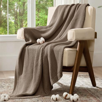 100% Cotton Cable Knit Throw Blanket, Lightweight Soft Knit Blanket for Sofa Couch Bed, Breathable All-Season Throw, Cozy Decorative Blanket, 50 x 60 Inch,Taupe