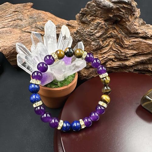 Amethyst Tiger's Eye Lapis Lazuli Crystal Bracelets for Women Men Natural Stone Handmade Gemstone Stretch Healing Yoga Beaded Bracelet Anxierty Protection Good Luck Spiritual Jewelry Gifts 8mm - color: AL-0123, size: Medium
