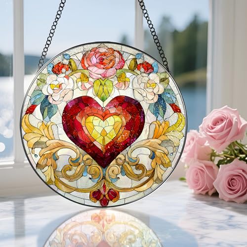 Stained Glass Window Hanging, 8 in Valentine Heart Sun Catcher, Stained Glass Suncatcher, Gift for Wife, Gift for Girlfriend, Mother's Day, Christmas, Birthday, Valentine's Day Gifts for Couple, Her - color: Heart Flower