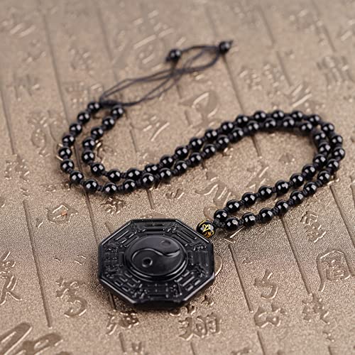 Black Obsidian Necklace Natural Crystal Amulet Protection Pendant with Adjustable Rope Lucky Talisman Necklaces Jewelry Gift for Men Women - color: Yin Yang