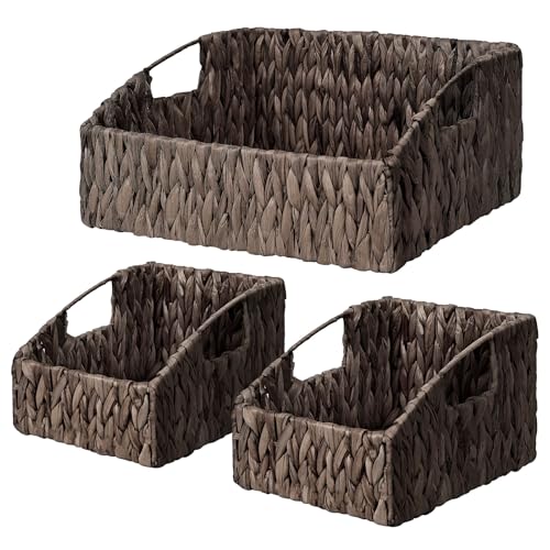 Rattan Storage Baskets, Handwoven Wicker Storage Bins with Built-in Handles, Storage Container Baskets for Shelves, Bedroom, Bathroom, Laundry Room or Kitchen(Black) - color: Black