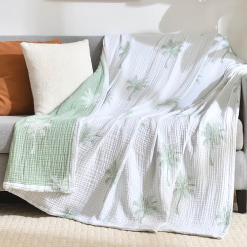 100% Cotton Muslin Throw Blanket Queen 90"x92", Vintage Indoor and Outdoor Use, Reversible and Breathable Fabric for Yard Picnics, Bedding or Chair Cover, Green - color: Root={'value': "['Palm']"}, size: \'Queen (90" x 94")\'