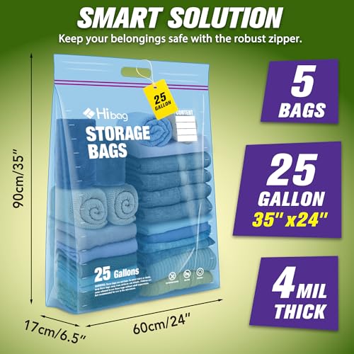 25 Gallon Large Storage Bags, 35” x 24” Jumbo Zipper Bags with Handle, Extra Large XL Zip Top Bags for Clothes Travel Moving, Blue, Pack of 5 - size: 25gallon-5p