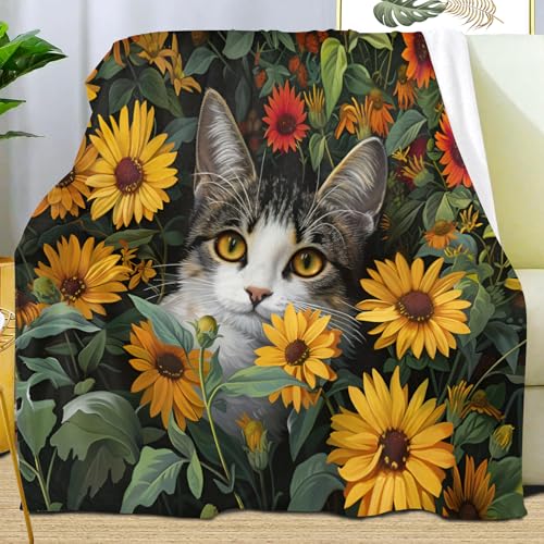 Cat Throw Blanket, Country Floral Fleece Blanket for Couch Bed Sofa, Floral Animal Blankets and Throws, Super Soft Cozy Plush Flannel Blankets, 50x70, Decor & Gift - color: Cat#88, size: Throw XL (50"x70")