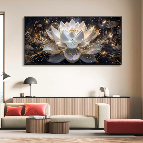 Lotus Flower Canvas Wall Art, White Lotus Canvas Wall Art, Lotus Canvas Wall Art, Zen Canvas Wall Art, Lotus Flower Wall Art, Zen Wall Art, Spiritual Wall Decor, Yoga Wall Art, Yoga Room Wall Decor (Black Framed, 62"x 31"| 160x80cm ) - color: Black Framed