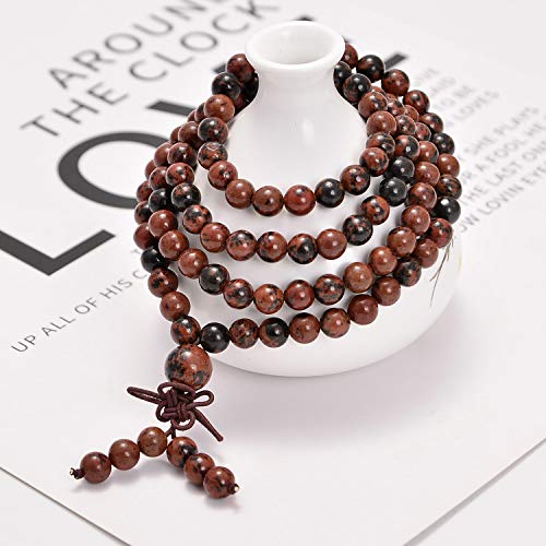 AD Beads 6mm Natural Healing Gemstones Buddhist 108 Prayer Mala Stretchy Bracelet Necklace - color: Mahogany Obsidian