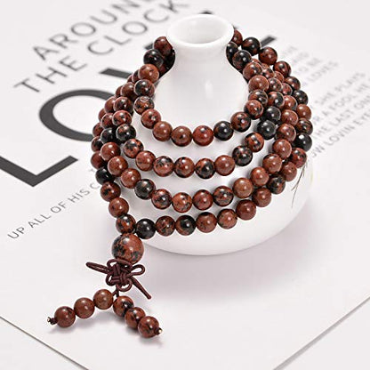 AD Beads 6mm Natural Healing Gemstones Buddhist 108 Prayer Mala Stretchy Bracelet Necklace - color: Mahogany Obsidian
