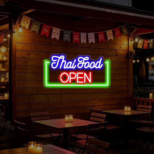 Thai Food Open LED Neon Sign, USB Powered Dimmable for Restaurant Wall Decor For Thai Kitchen, Food Court, Cafe, Bar, Food Truck, Party, Opening Gift, Asian Food Sign, Business Signage Indoor Decoration-16.8" x 8.6" - color: Thai food