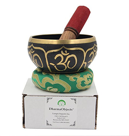 DharmaObjects Relaxing Yoga Meditation Om Peace Singing Bowl/Silk Cushion/Rosewood Mallet Set (Medium, Black) - color: Black, size: Medium