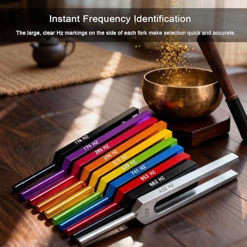 10-Piece Complete Solfeggio Tuning Fork Set with Case - 174Hz-963Hz & 432Hz - Professional Healing Kit with Mallets, Wooden & Metal Bases for Therapy, Meditation, Yoga - size: Solfeggio 10 set Multicolour
