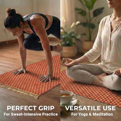 VINYASA Handwoven Cotton Yoga Rug Mat – Naturally Dyed | Absorbent, Washable Yoga Mat/Fitness Rug, Hatha, Pilates & Meditation - Non-Slip Grip | Extra Long & Wide | Trikon Series - color: Madder