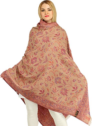 Exotic India Women Reversible Jamawar Wool Shawl with Woven Flowers | Ethnic Beautiful Floral Weave Stole, Dupatta - color: Grape Nectar