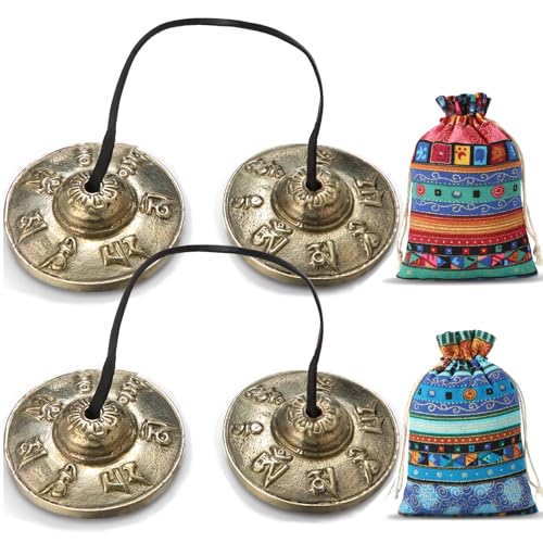 Foilswirl 2 Pcs Tibetan Tingsha Cymbals with 2 Pcs Tibetan Drawstring Cloth Bags Meditation Chime Bells 2.56 Inch Handcrafted Meditation Accessory(Om Mane Padme Hum Symbols Embossed,Blue,Green) - color: Blue,Green, style: Om Mane Padme Hum Symbols Embosse