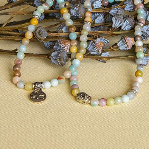 Bivei 108 Mala Beads Necklace Long Beaded Wrap Bracelets Genuine Gemstone Mala Prayer Beads Lotus Buddha Charm Yoga Meditation Necklace - color: Amazonite-Lotus OM-Buddha