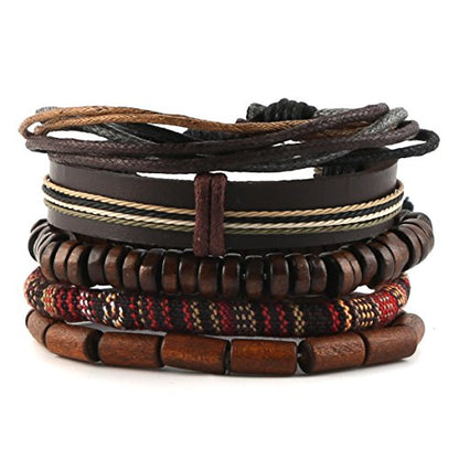 HZMAN Wrap Bracelets Men Women, Hemp Cords Wood Beads Ethnic Tribal Bracelets, Leather Wristbands - style: Classic Style