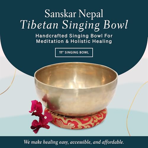 Tibetan Singing Bowl, Handcrafted Singing Bowl for Meditation, Prayer & Holistic Healing, Yoga Accessories, 11” Sound Bowl with Wooden Striker, Artisanal Pouch & Cushion - size: 11"