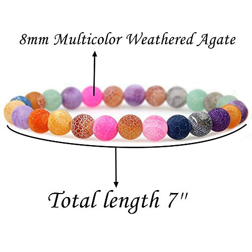 Amandastone Natural Gemstone 8mm Round Beads Stretch Bracelet 7 Inch - color: Multicolor Weathered Agate