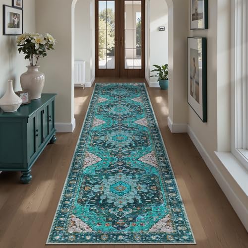 Ciicool Washable Vintage Runner 2' x 10' ft Hallway Rug Carpet, Boho Low Pile Long Non Slip Soft Kitchen Carpet Indoor Oriental Throw Rug - color: Teal/Multi, size: 2' x 10' (Runner)