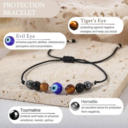 Triple Threat Protection Bracelet for Women,Evil Eye Natural Healing Crystal Beaded Bracelet for Protection - style: Evil Eye Bracelet (Triple Threat)
