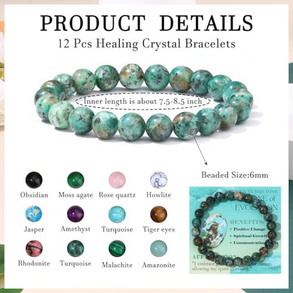 FIRAZIO 12PCS 6mm 8mm Gemstone Beaded Bracelets for Women Semi-Precious Natural Crystal Bracelets Round Beads Gemstones Stretch Bracelet Jewelry Gift - style: 6MM