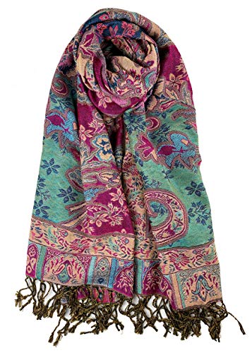 Plum Feathers Tapestry Ethnic Paisley Pattern Pashmina Shawl Scarf, Womens Pashmina Shawl Wrap with Fringes - color: Fuchsia Turquoise Tropical Paisley