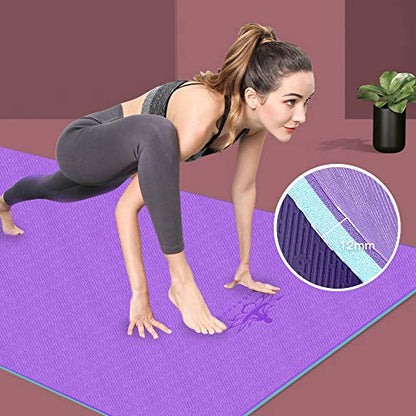 Hatha Yoga Extra Thick TPE Yoga Mat - 72"x 32" Thickness 1/2 Inch -Eco Friendly SGS Certified - With High Density Anti-Tear Exercise Bolster For Home Gym Travel & Floor Outside - color: Purple/Green