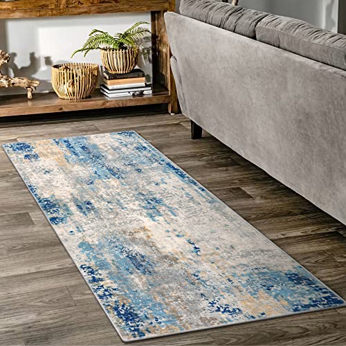 Lahome Modern Abstract Laundry Rug Runner, 2x4.3 Washable Throw Carpet Runner for Entryway, Soft Non-Slip Indoor Mat Runner Rug for Kitchen Master Bedroom Living Room Seat Door, Blue/Yellow/Ivory - color: Blue/Ivory, size: 2' x 4.3'