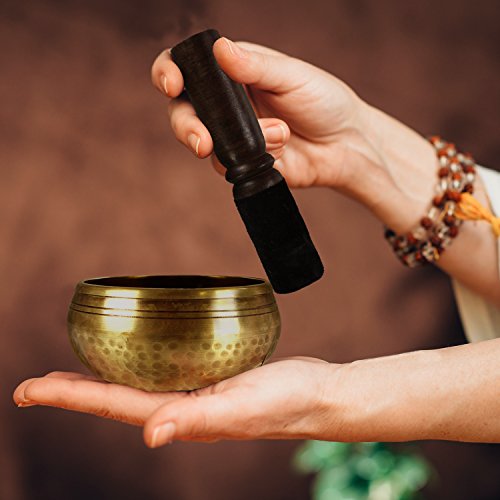 Eye of Buddha Traditional Tibetan Crafstmanship Hand Hammered Singing Bowl Set With Mallet & Red Silk Cushion For Meditation, Chakra Healing, Prayer, Yoga, and Mindfulness - 3.75 Inches