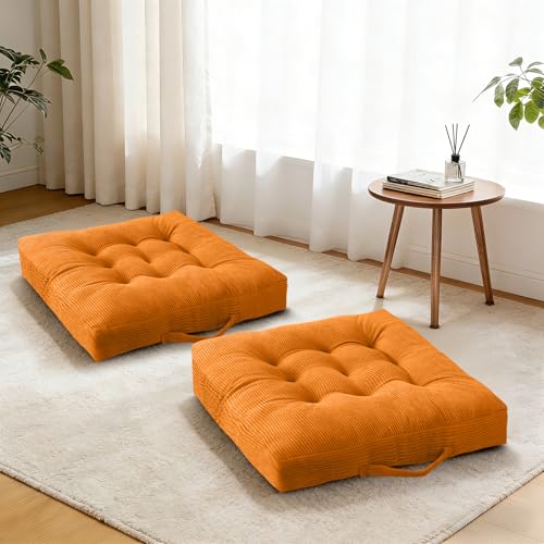 2 Pack Tufted Velvet Floor Pillows Orange Portable Seat Cushions with Handle, Floor Cushion Pillow Seats for Stadium Patio Dining Chairs 18x18 Inch - color: Orange