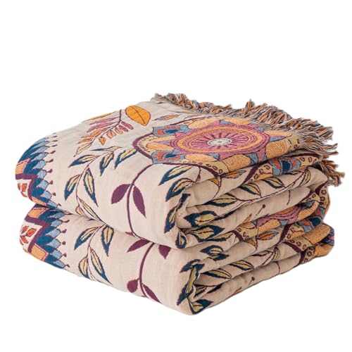 Phuryllic Boho Throw Blanket Full Size, Soft Cozy Cotton Muslin Quilt Blanket for Bed Decor, Floral Patterned Couch Sofa Chair Cover, Vintage Farmhouse Cottage Tapestry Woven Blanket, Beige&Blue - color: Blissful Wreath, size: 80" x 90"