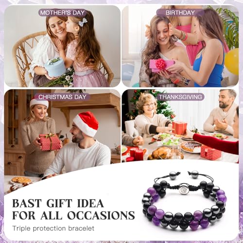 Triple Protection Bracelet - for Protect & Balance - Energy Crystal Handmade Bracelets for Men Women - color: Purple