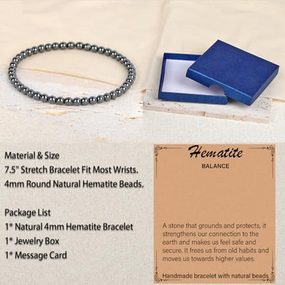 LPBeads Handmade Natural Gemstone Stretch Elastic Bracelet Healing Crystal Round Stone Beads Jewelry Gifts for Women Men - color: Hematite, size: 4mm