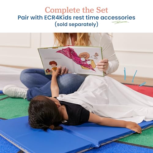 ECR4Kids Everyday Folding Rest Mat, 3-Section, 1in, Sleeping Pad, Blue/Grey, 5-Pack