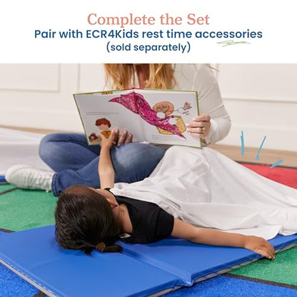 ECR4Kids Everyday Folding Rest Mat, 3-Section, 1in, Sleeping Pad, Blue/Grey, 5-Pack