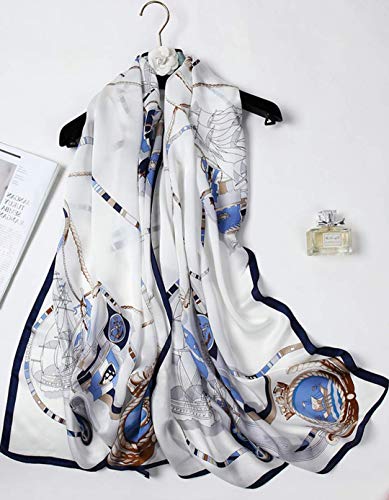 100% Mulberry Silk Long Scarf for Women Large Shawls for Headscarf and Neck- Oblong Hair Wraps with Gift Packed - color: White&blue-sailing