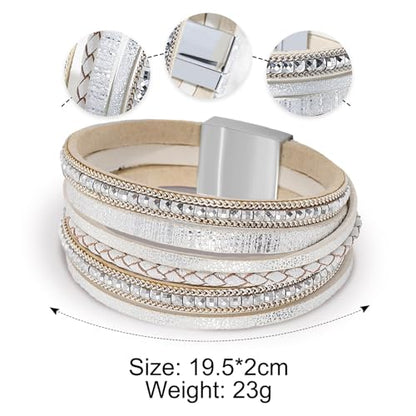 Fesciory Leather Wrap Bracelets for Women, Boho Leopard Multi-Layer Crystal Beads Cuff Bracelet Jewelry - color: Boho Braid(White)