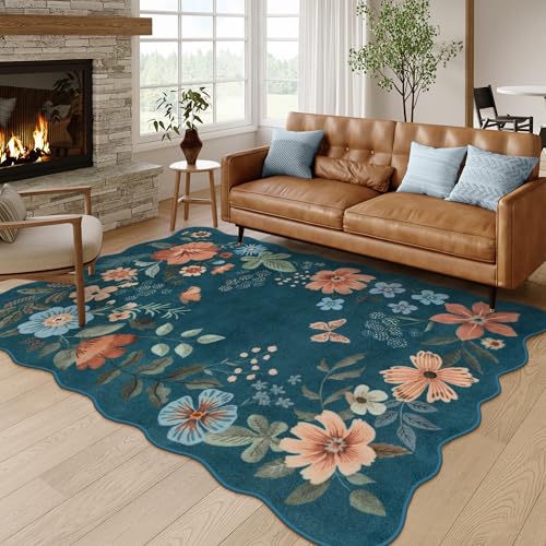 Lahome Floral Washable Area Rug, Ultra-Thin Soft Non-Slip Stain Resistant Lightweight Boho Rug for Living Room, Bedroom, Dining Room, Office Flore (5x7ft, Navy Blue) - color: Navy Blue, size: 5' x 7'（Rectangular）